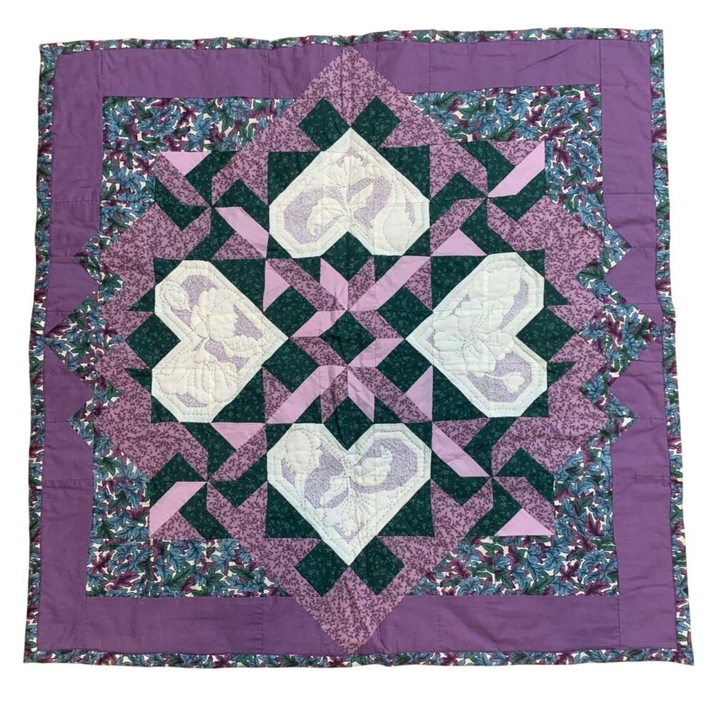 Handmade Flowers Hearts Patchwork Purple Tapestry Wall Decor Hanging 33" EUC